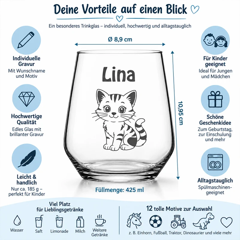 Personalisiertes Kinderglas mit Namen & Wunschmotiv 425 ml