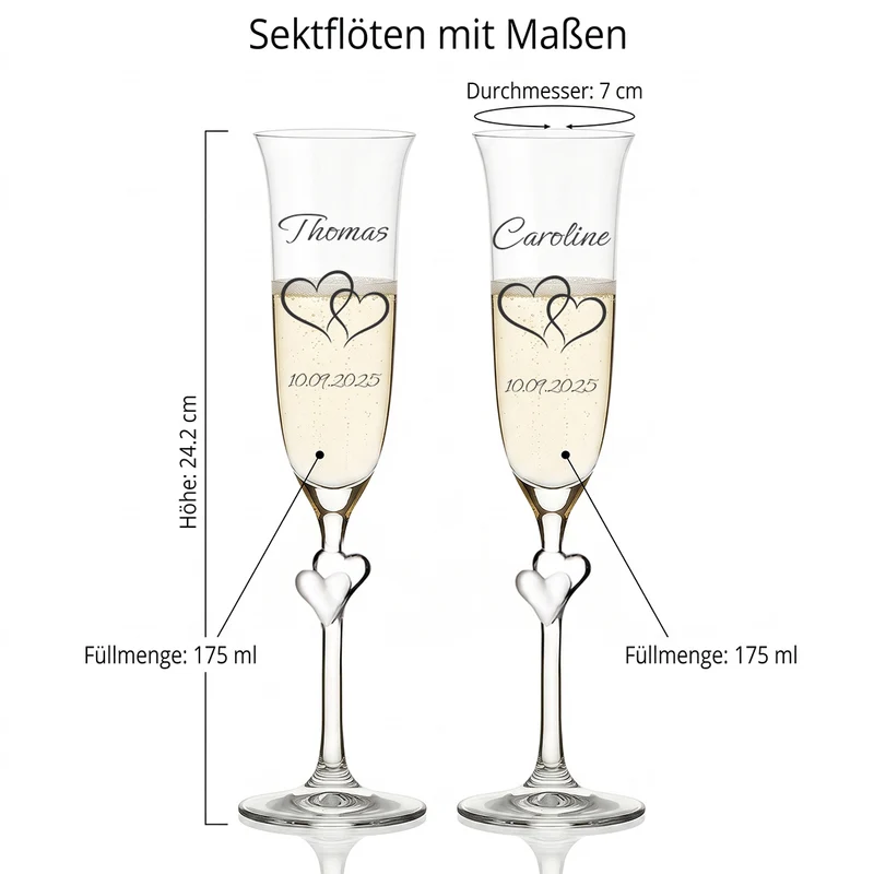 Sektgläser mit satinierten Herzen am Stiel & Gravur – Personalisierte Hochzeitsgläser (2er-Set)