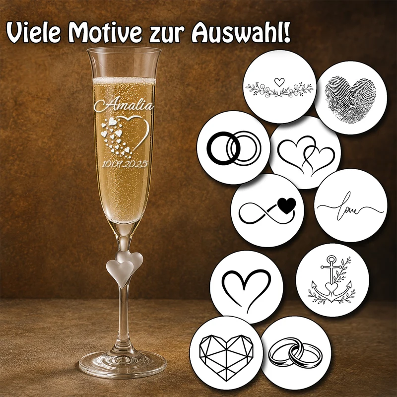 Sektgläser mit satinierten Herzen am Stiel & Gravur – Personalisierte Hochzeitsgläser (2er-Set)