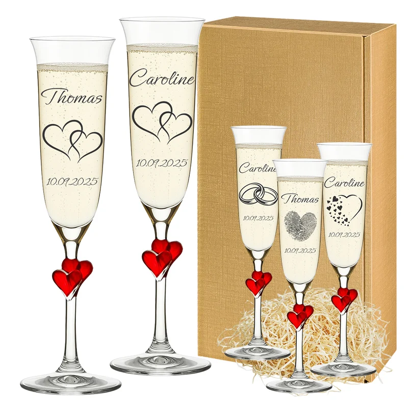 Sektgläser mit roten Herzen am Stiel & Gravur - Personalisierte Hochzeitsgläser (2er-Set)