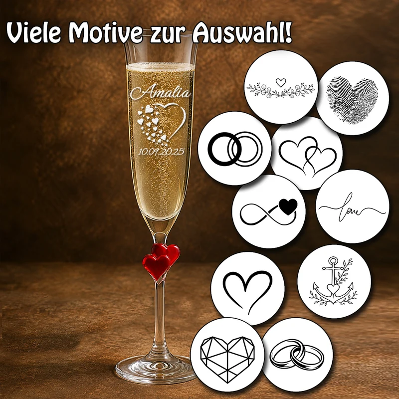 Sektgläser mit roten Herzen am Stiel & Gravur - Personalisierte Hochzeitsgläser (2er-Set)