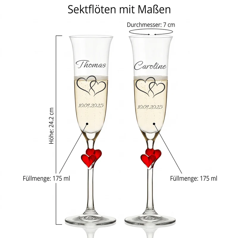 Sektgläser mit roten Herzen am Stiel & Gravur - Personalisierte Hochzeitsgläser (2er-Set)