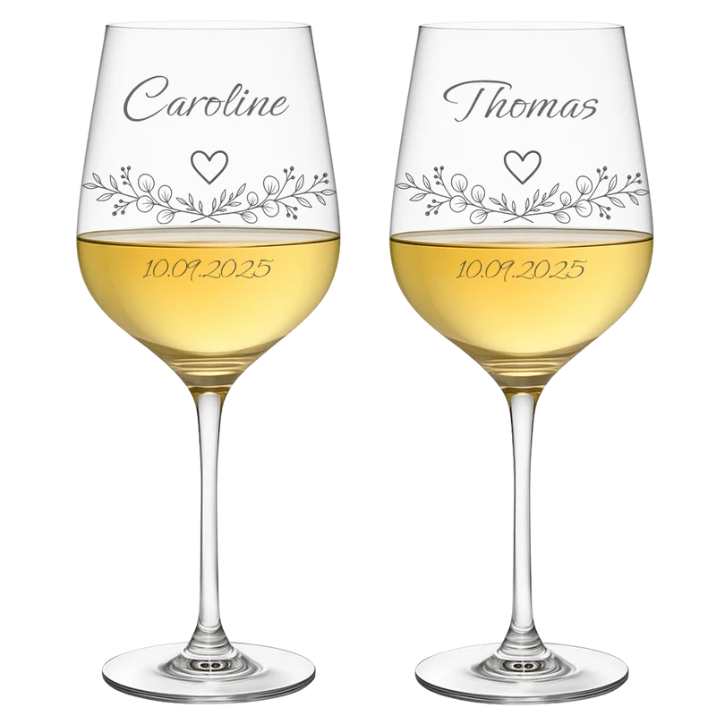2 Weingläser mit personalisierter Gravur für Hochzeit & Jahrestag
