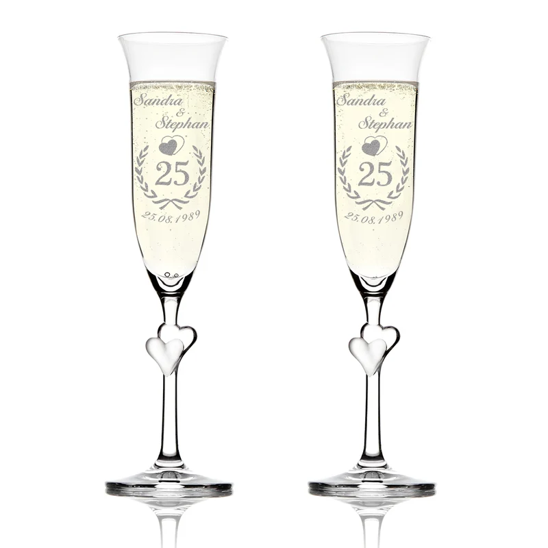 Personalisiertes Sektglas-Set "Silberhochzeit" – 2 Kristallgläser mit Herz-Stiel und Jubiläumsgravur