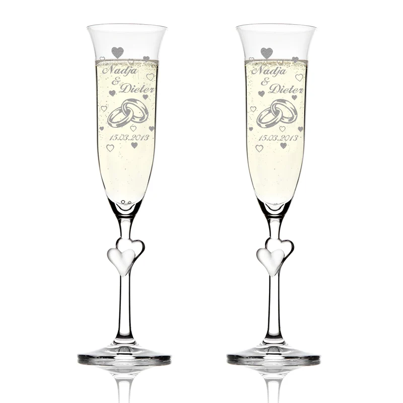 Personalisiertes Sektglas-Set "Ringe & Herzen" – 2 Kristallgläser mit Herz-Stiel und Wunschgravur