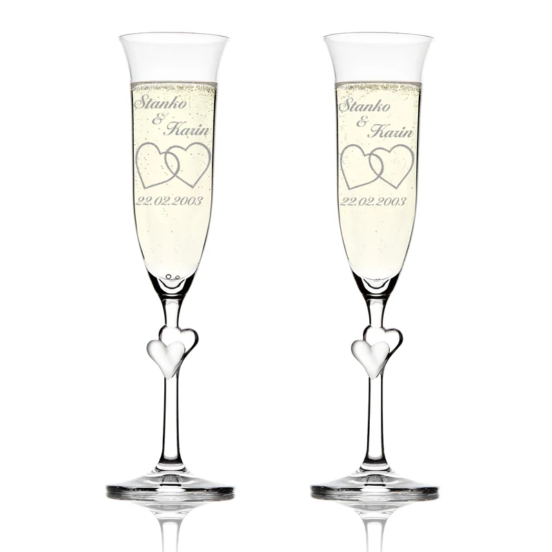 Personalisiertes Sektglas-Set "Doppelherz" – 2 Kristallgläser mit Herz-Stiel und Wunschgravur