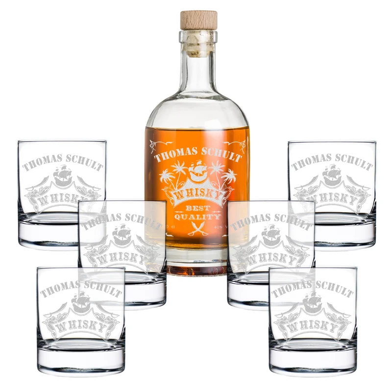 Personalisiertes Whisky Geschenkset mit Flasche 700 ml & 6 Whiskygläser - Motiv: Piratenschiff