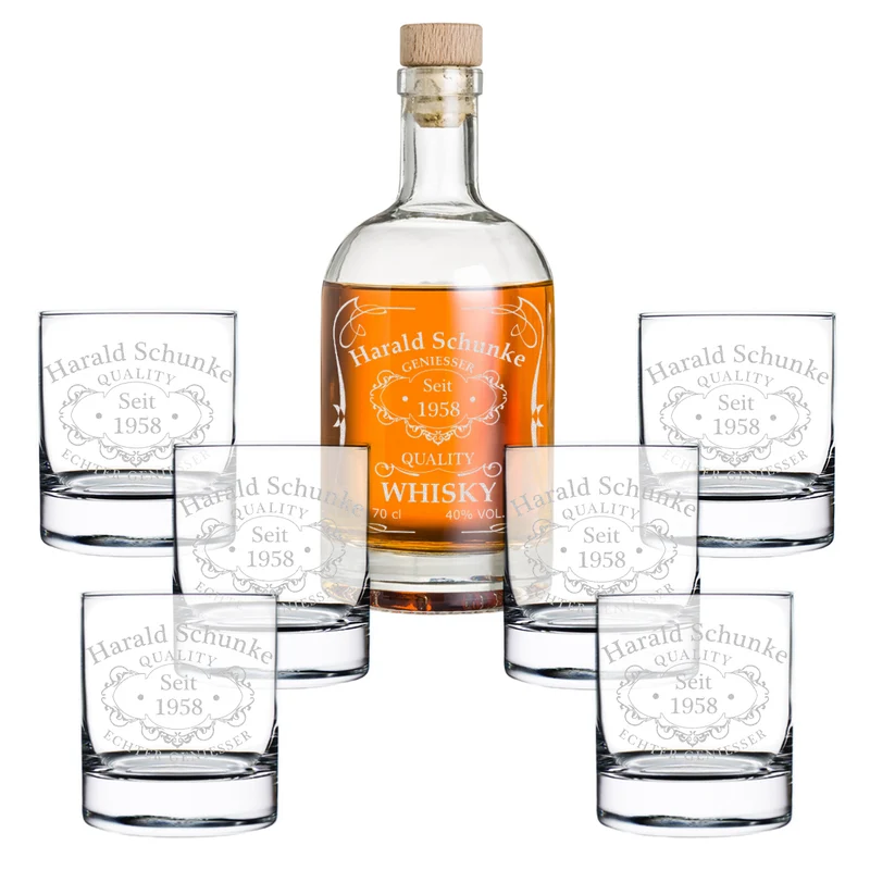 Whisky-Set Flasche 700 ml + 6 Whiskygläser 320 ml mit Gravur - Motiv Quality Whisky