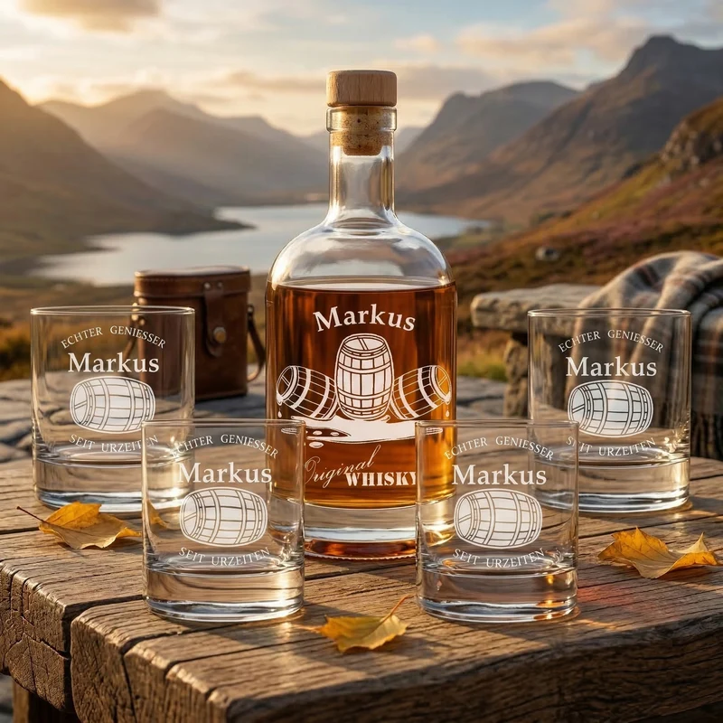 5-TLG Whisky Geschenkset mit personalisierter Gravur - Flasche 700 + 4 Whiskygläser 320 ml