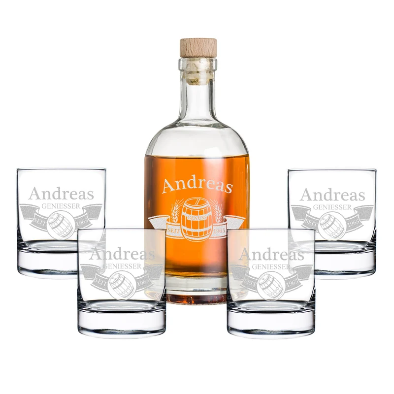 5-teiliges Whisky-Set mit Flasche 700 ml & 4 Whiskygläser - Mit Wunschgravur