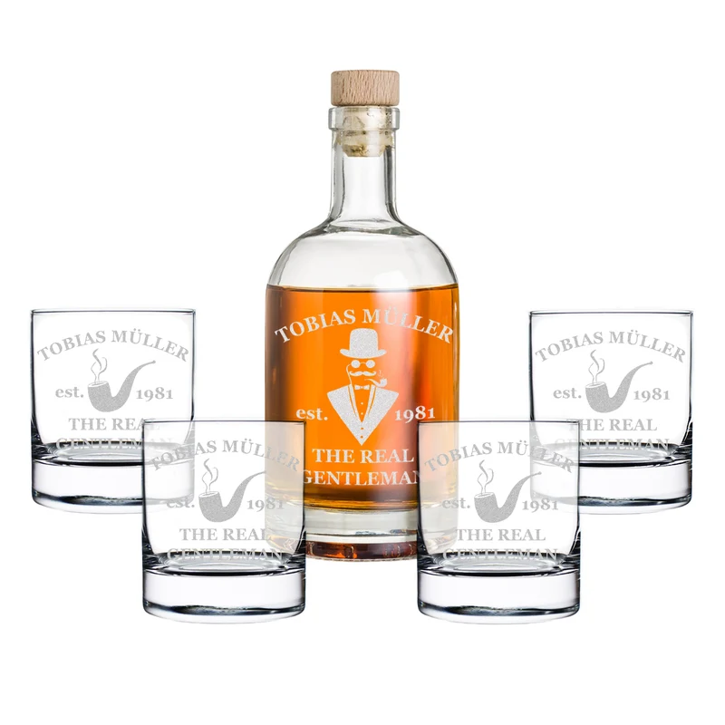 Whisky Geschenkset mit Karaffe 700 ml & 4 Gläser 320 ml - Motiv Real Gentleman