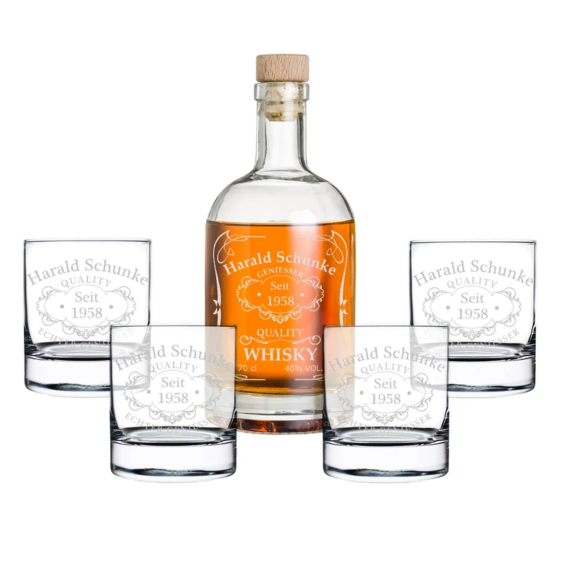 5-teiliges Whisky Geschenkset mit Flasche 700 ml + 4 Whiskygläser - mit Wunschgravur