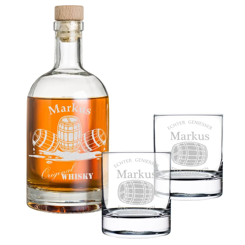 Whisky-Set Flasche 700 ml + 2 Whiskygläser 320 ml mit Gravur - Motiv Whiskyfass