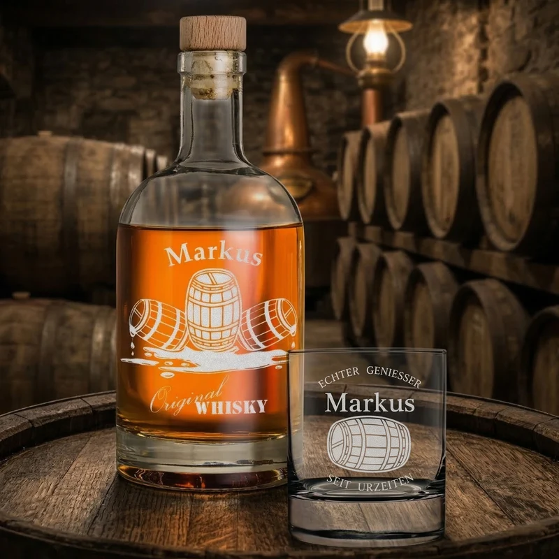 2-TLG Whisky Geschenkset mit Flasche 700 ml & Whiskyglas 320 ml mit Gravur - Motiv Whiskyfass