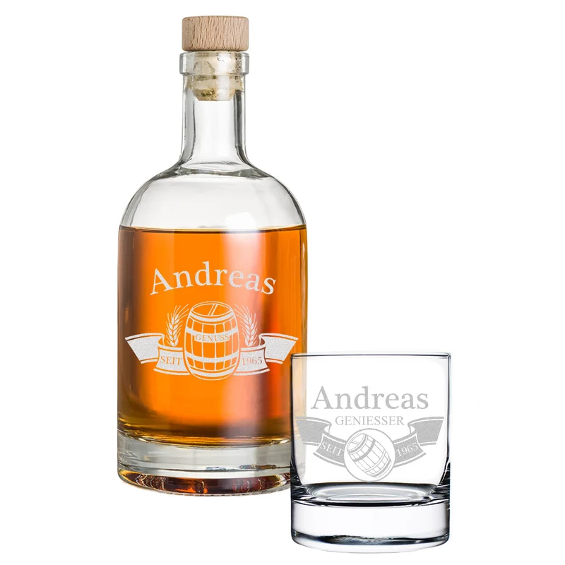 Personalisiertes Whisky-Set mit Karaffe 700 ml & Whiskyglas 320 ml - Motiv Fass im Banner