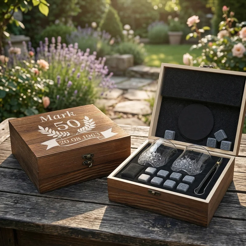 Whisky Geschenkset mit Kühlsteinen, 2 Whiskygläser und gravierter Kiste - Motiv Jubiläum