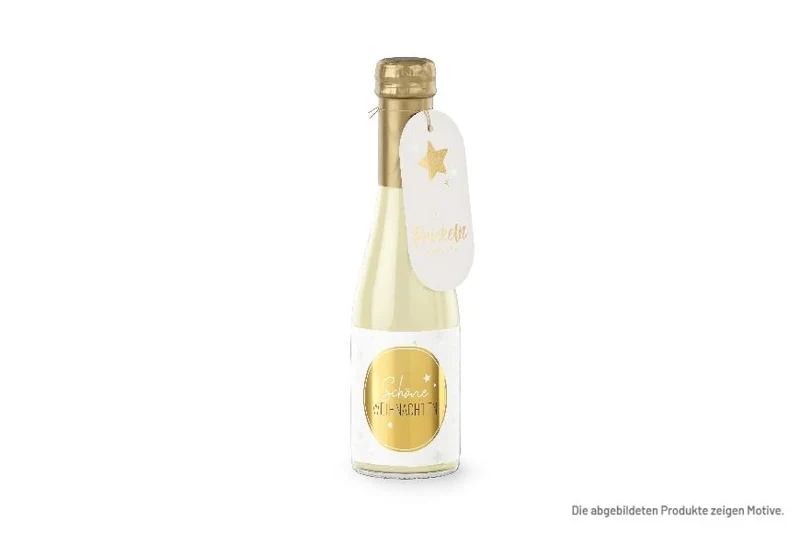 Prickelnder Sekt-Gruß mit der Aufschrift "Schöne Weihnachten"