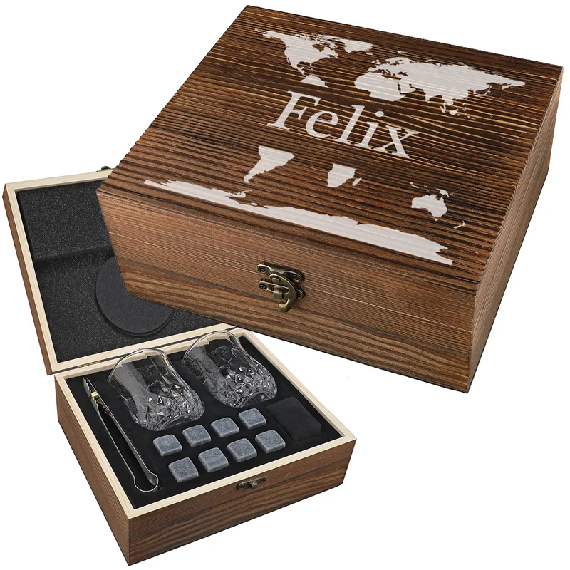 Whisky Geschenkset mit Gläser, Kühlsteine und personalisierte Holzkiste - Motiv Weltkarte