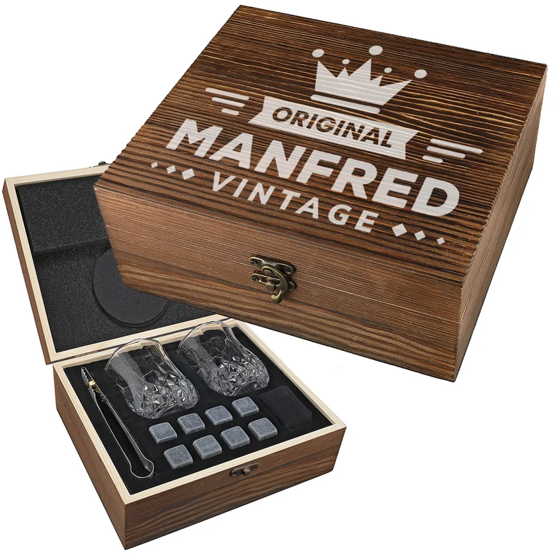 Whisky Geschenkset mit Kühlsteine und gravierter Holzkiste - Motiv Original Vintage