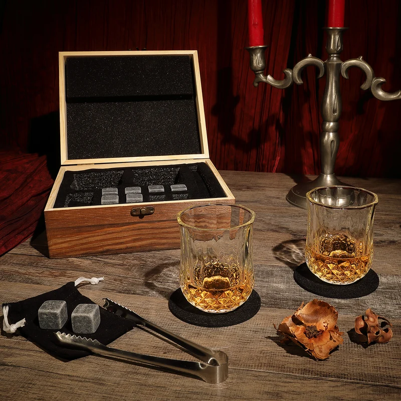 Whisky-Set mit Kühlsteine, Tumbler, Untersetzer und Holzkiste - Mit Wunschtext graviert