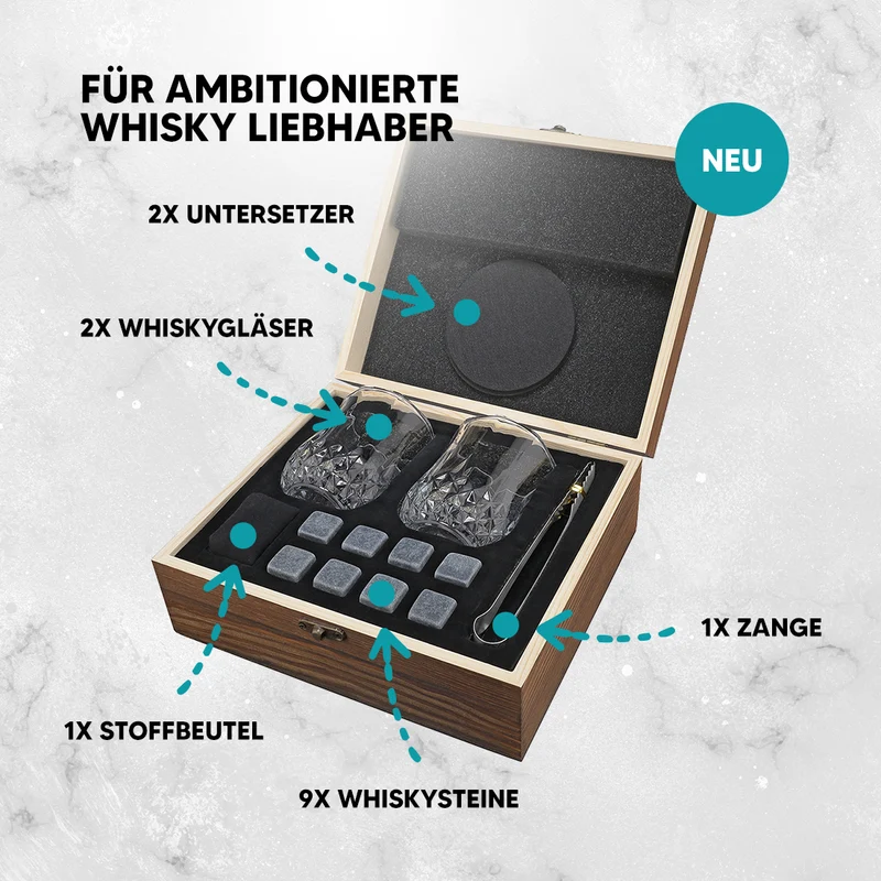 Whisky-Set mit Kühlsteine, Tumbler, Untersetzer und Holzkiste - Mit Wunschtext graviert