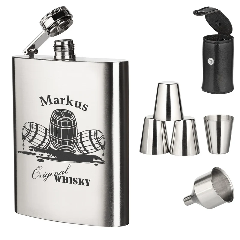 Edelstahl Flachmann Set mit Gravur & Bechern (195ml) personalisiert