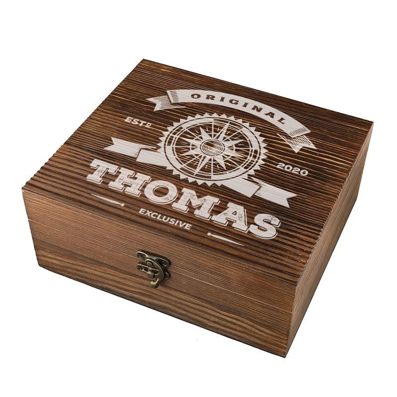 Whisky Kühlsteine Geschenkset mit gravierter Holzkiste - Motiv Kompass