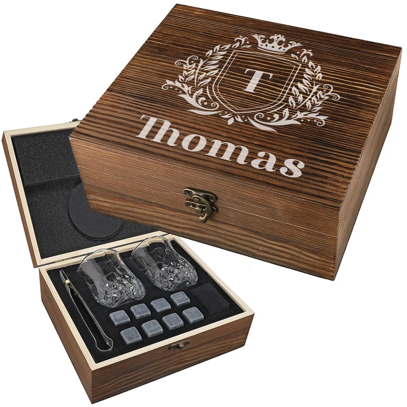 Whisky Kühlsteine Geschenkset mit gravierter Holzkiste - Motiv Wappen