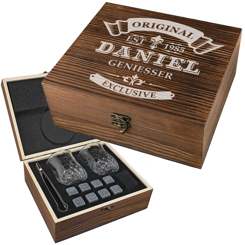 Whisky Kühlsteine Set mit Holzkiste graviert - Motiv Original Exklusive