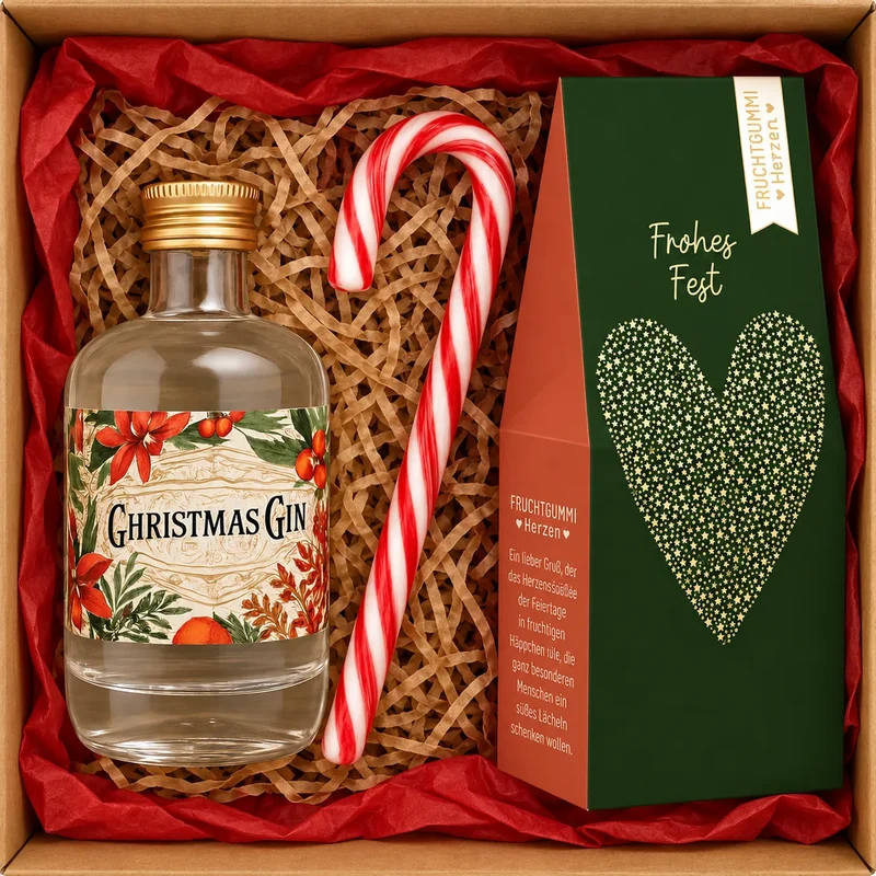 Kleine Weihnachtsbox „Gin & Sweets“ – Mini Gin, Weihnachtssüßigkeiten & Grußkarte