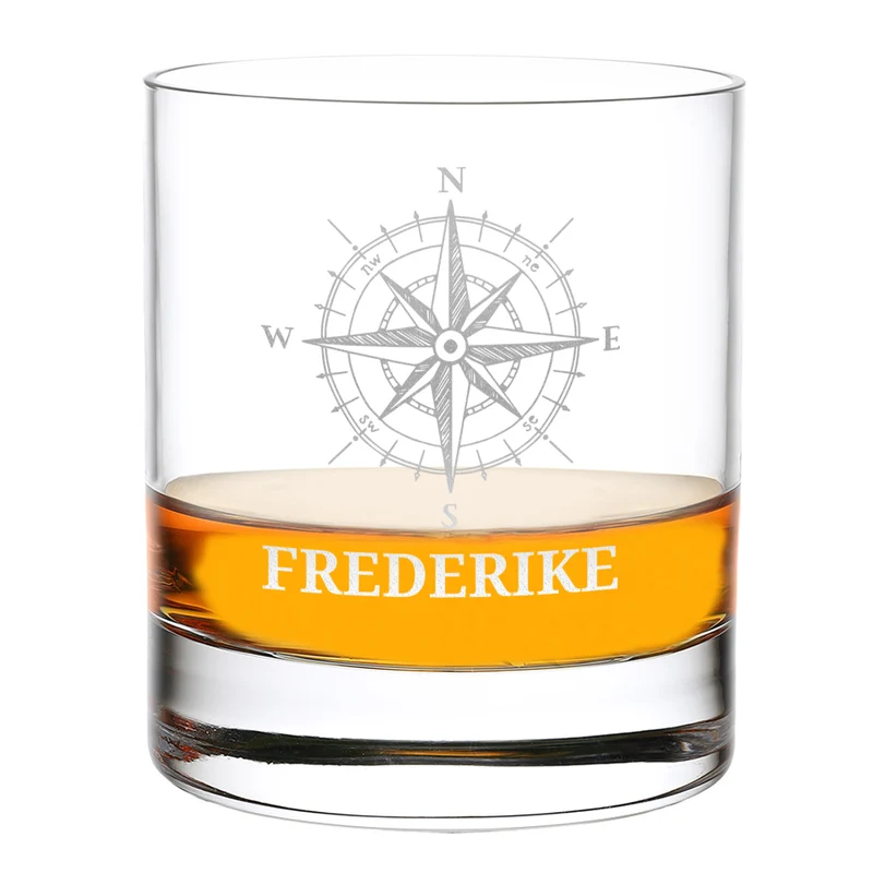 Modernes Whisky Glas 320 ml mit personalisierter Gravur - Motiv Kompass