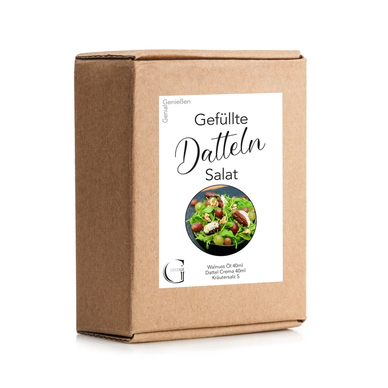 Gefüllte Datteln mit Ziegenkäse auf Rucola-Trauben Salat - Box