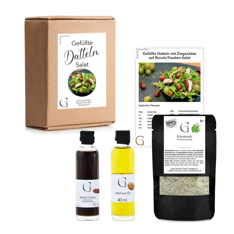 Gefüllte Datteln mit Ziegenkäse auf Rucola-Trauben Salat - Box