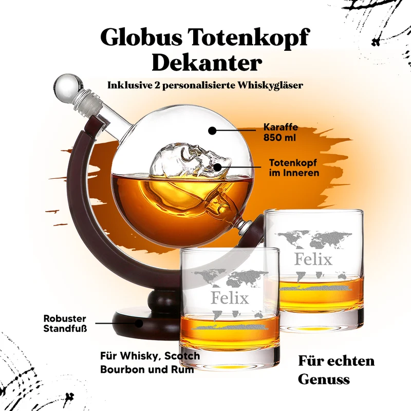 2-teiliges Whisky-Set Skull Dekanter 850 ml & Whiskygläser 320 ml - Motiv Weltkarte