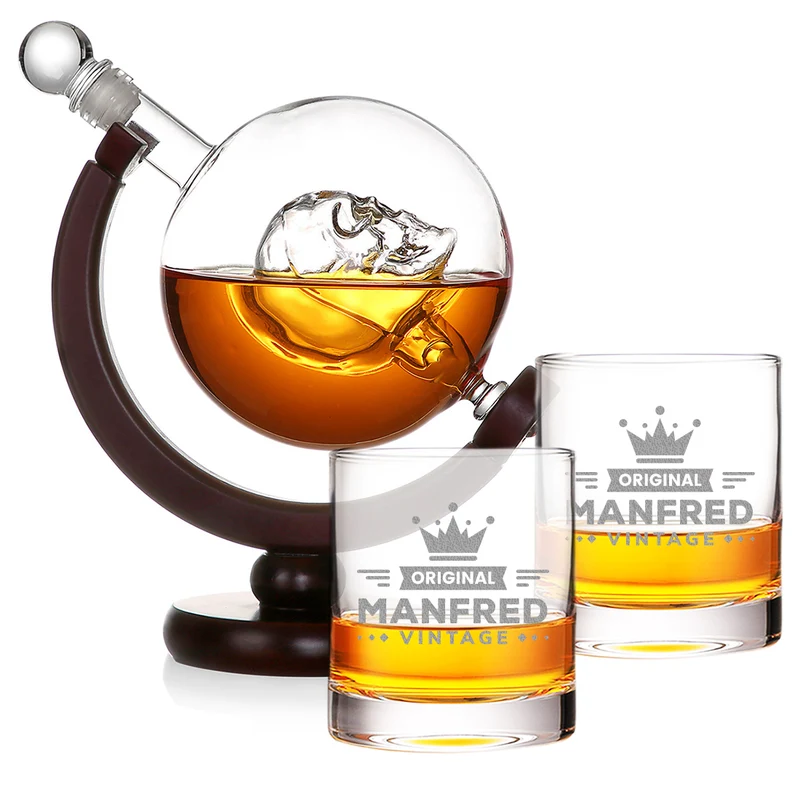 Whisky Skull Dekanter 850 ml und 2 Whiskygläser 320 ml mit Gravur - Motiv Krone