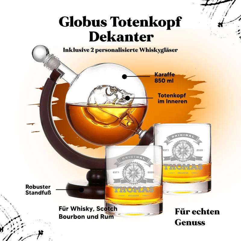 Totenkopf Dekanter 850 ml und 2 Whisky Tumbler 320 ml mit Wunschgravur - Original Exklusive
