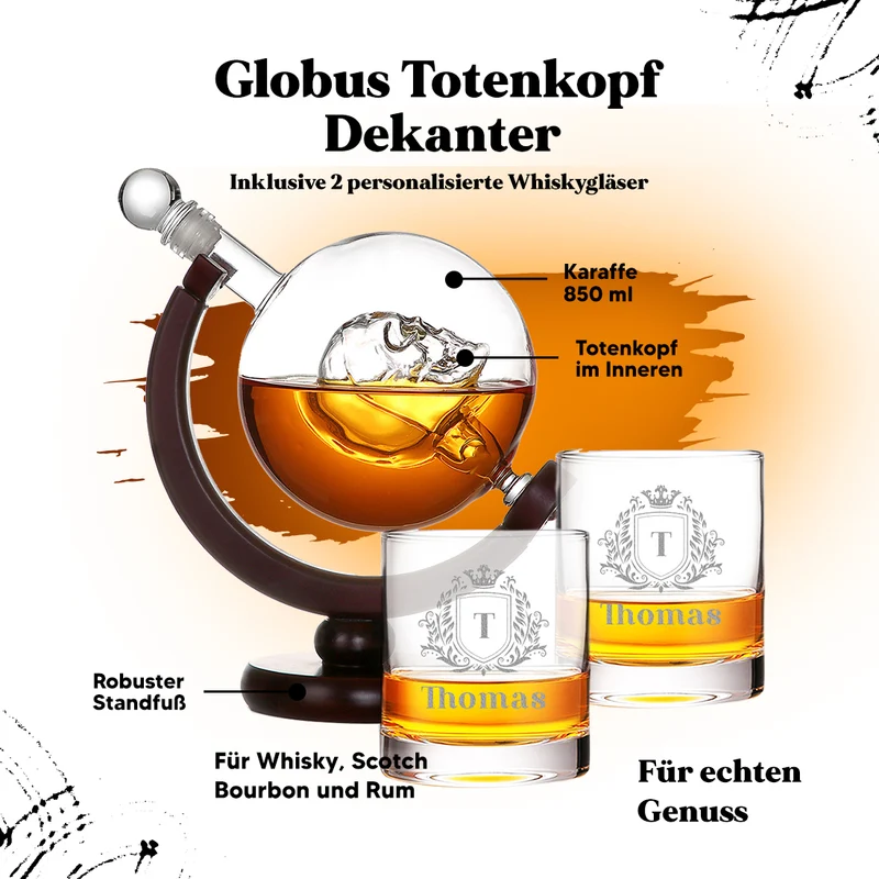 Whisky Totenkopf Dekanter 850 ml & 2 Whiskygläser 320 ml mit Gravur - Motiv Wappen