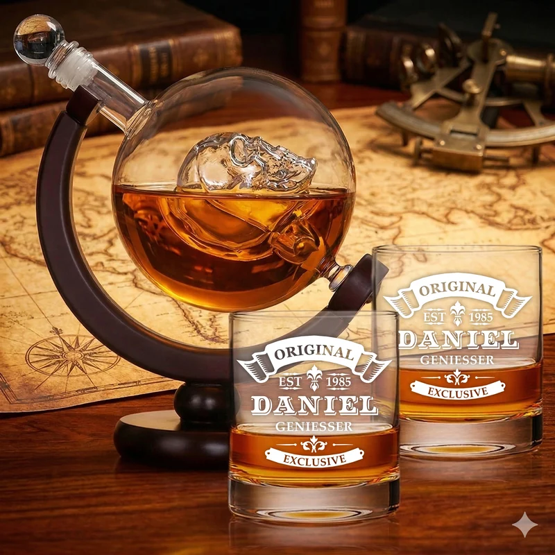 Whisky-Set Dekanter 850 ml & 2 Whiskygläser 320 ml mit Gravur - Ideal als Geschenk