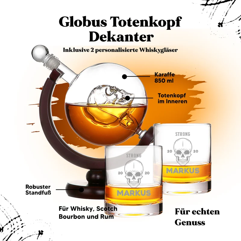 Skull-Dekanter 850 ml und 2 Whiskygläser 320 ml mit Gravur - Motiv "Totenkopf"