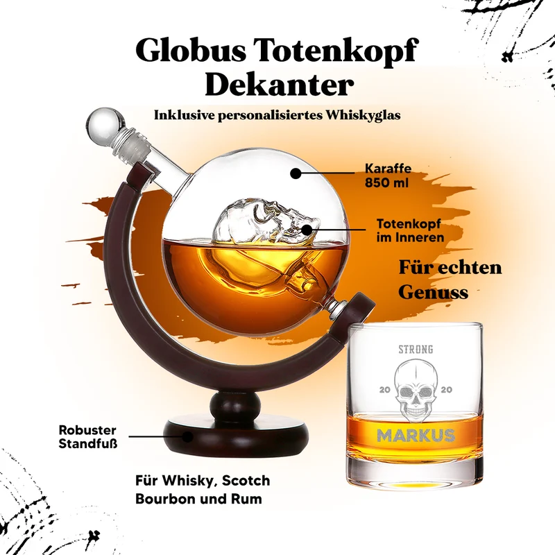 Whisky Geschenkset Skull Dekanter 850 ml + Whiskyglas 320 ml mit Gravur - Motiv Totenkopf