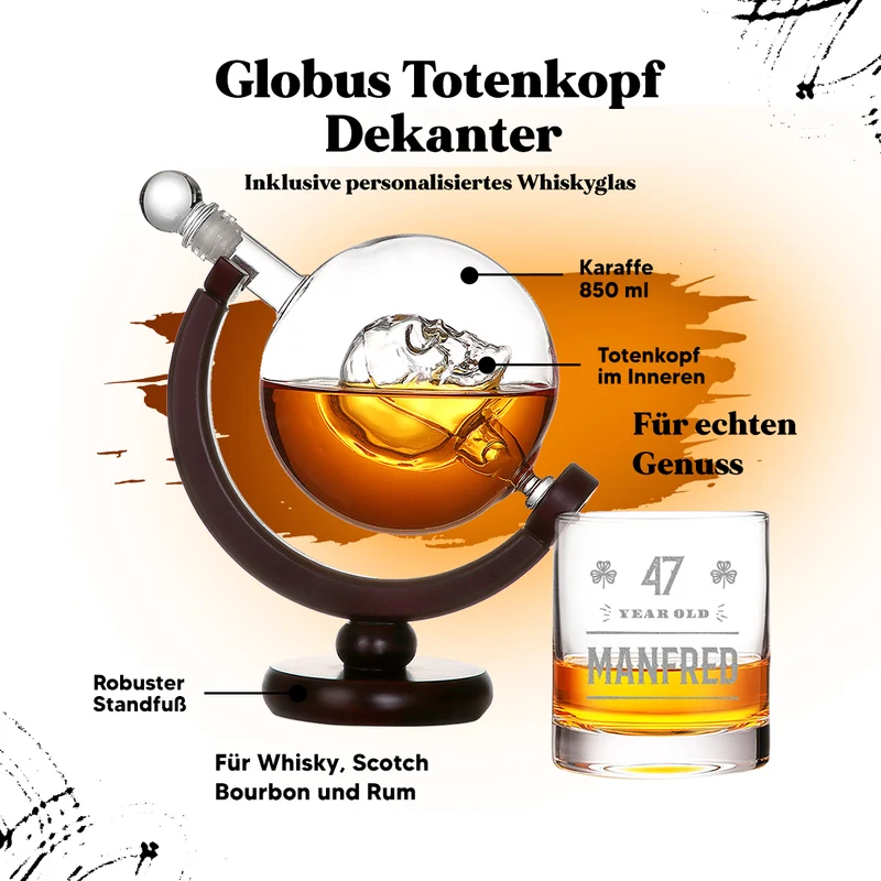 Whisky-Set Totenkopf-Dekanter 850 ml und Whiskyglas mit Gravur - Motiv "Kleeblatt"