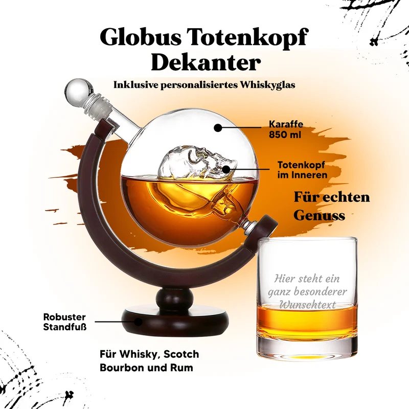 Whisky-Set Skull Dekanter 850 ml & Whiskyglas 320 ml mit Wunschtext