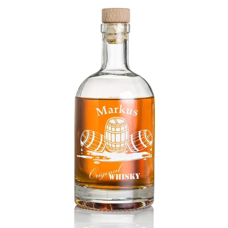 Personalisierte Glasflasche 700 ml für Whisky mit Gravur - Motiv "Whiskyfass"