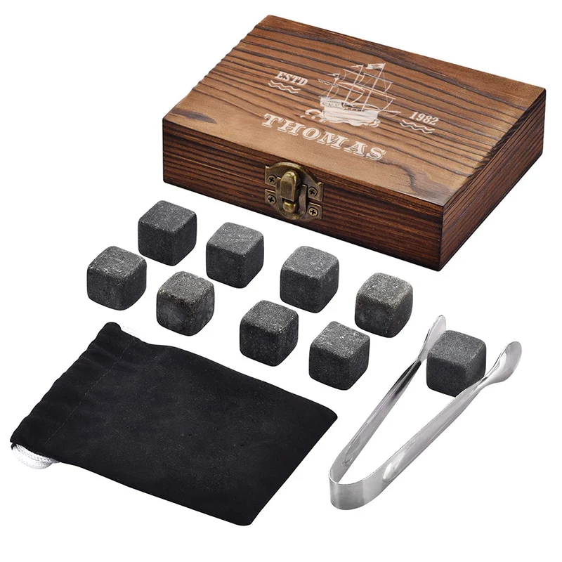 Whisky Kühlsteine Set 5-teilig mit Holzkiste und Whiskyglas graviert - ideal als Geschenk