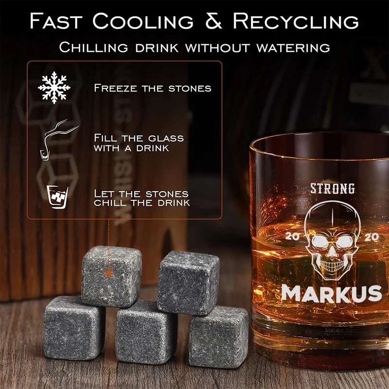Whisky Steine Set 5-TLG mit personalisiertes Whiskyglas und Holzbox - Motiv Totenkopf