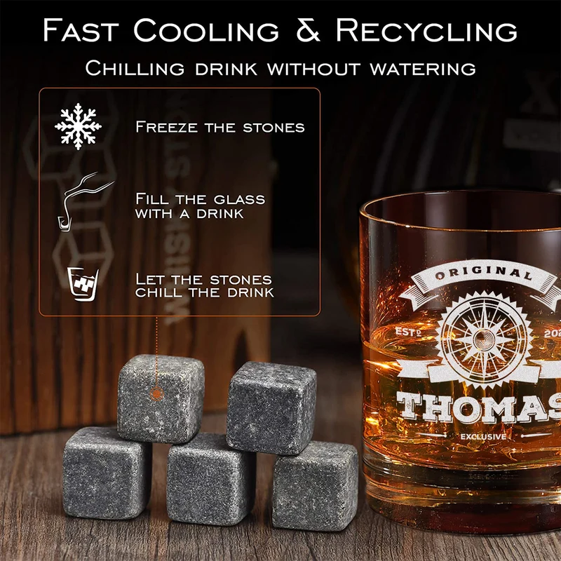 Personalsiertes Whisky-Set 5-tlg Holzkiste, Whiskyglas & Kühlsteine - Motiv "Original Exklusive"