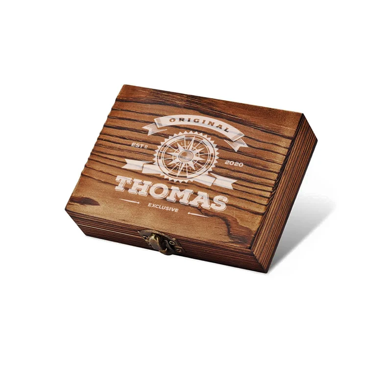 Personalsiertes Whisky-Set 5-tlg Holzkiste, Whiskyglas & Kühlsteine - Motiv "Original Exklusive"