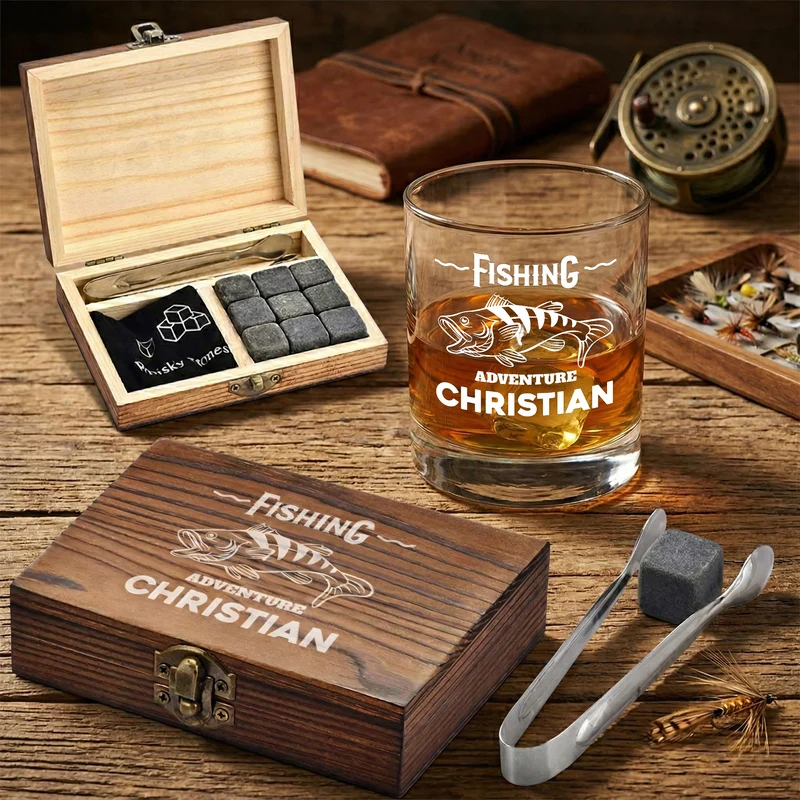 Whisky-Set 5-teilig Holzkiste, Whiskyglas und Kühlsteine - Motiv "Fisch"