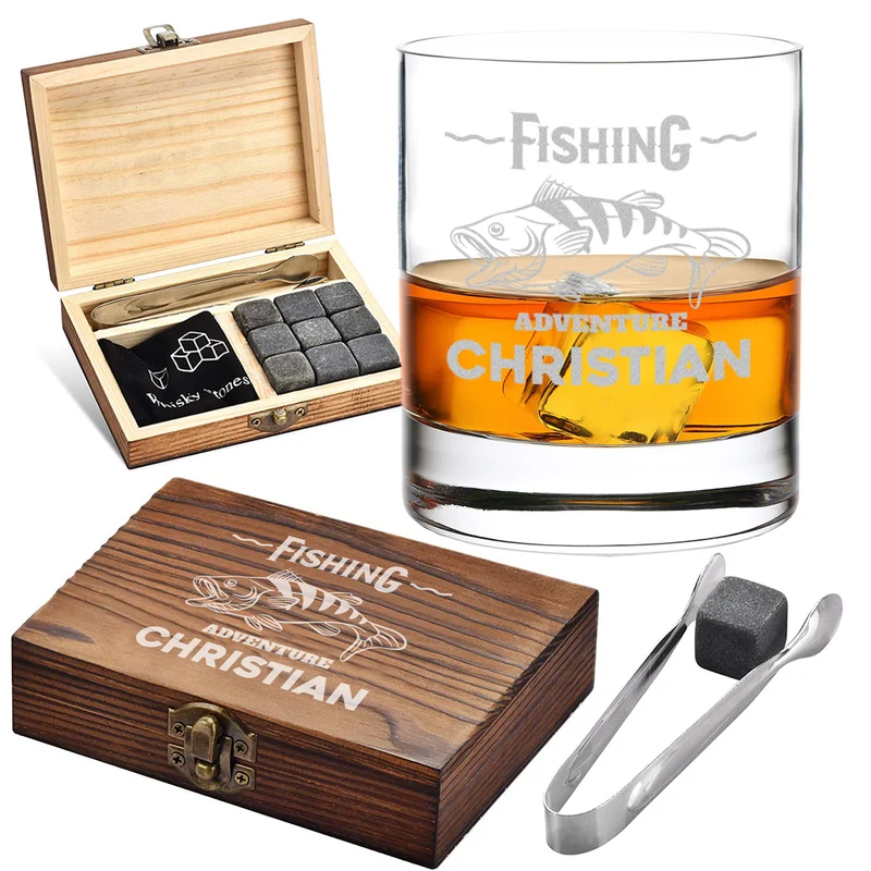 Whisky-Set 5-teilig Holzkiste, Whiskyglas und Kühlsteine - Motiv "Fisch"