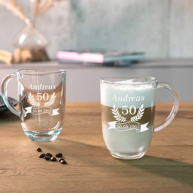 Moderne Teetasse aus Glas 380 ml mit Gravur